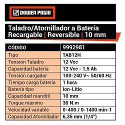 TALADRO DOWEN ATORN. 10MM  12V