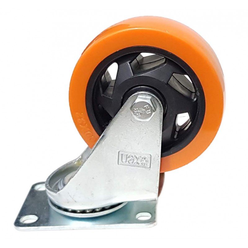 RUEDA PU NARANJA BASE GIRATORIA  75MM
