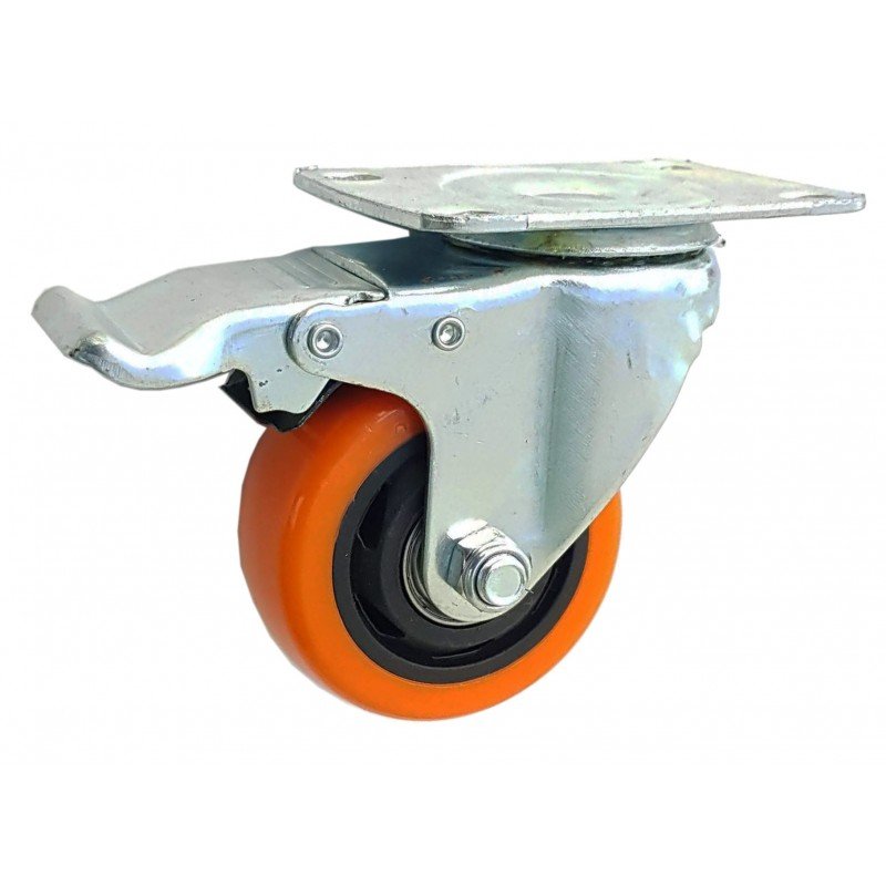 RUEDA PU NARANJA BASE GIRATORIA  75MM C/FRENO