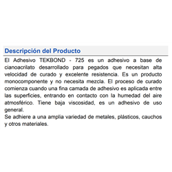 ADHESIVO CIANO TEK BOND 725 V.BAJA S.FLEXIBLES