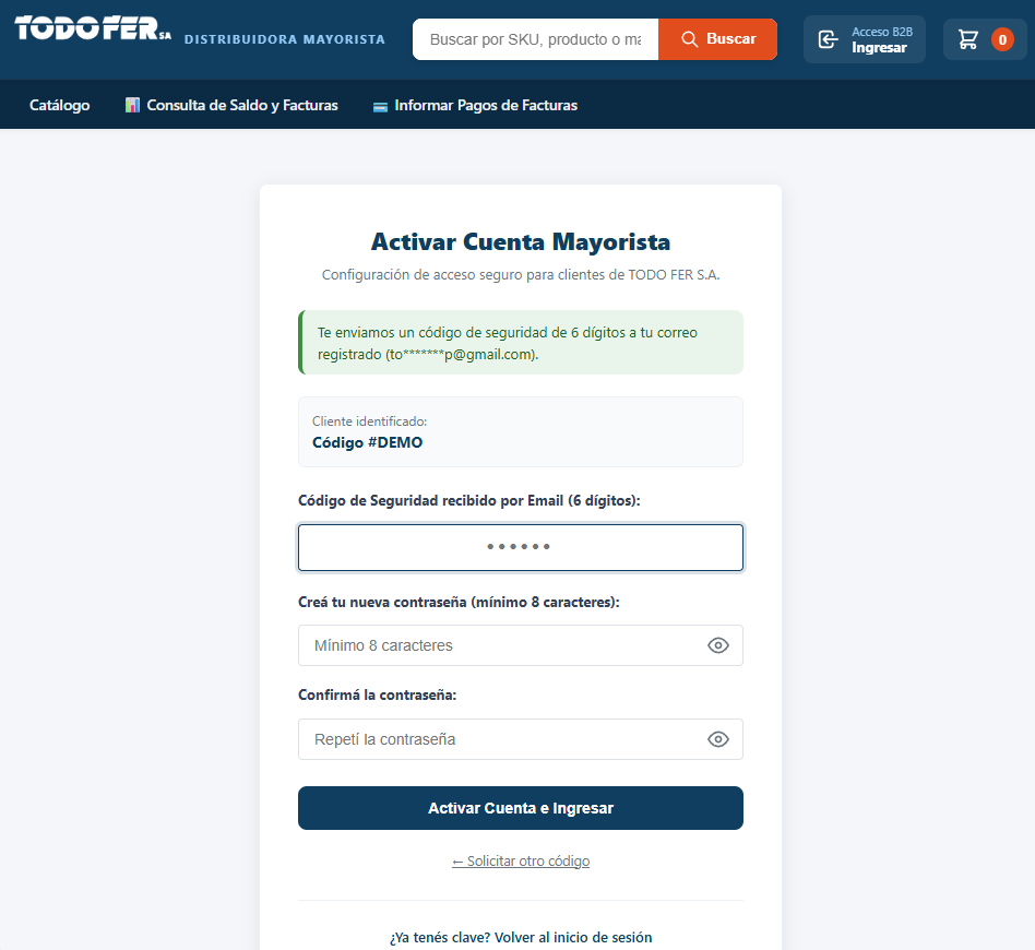 Activar la cuenta con el código que llega por correo