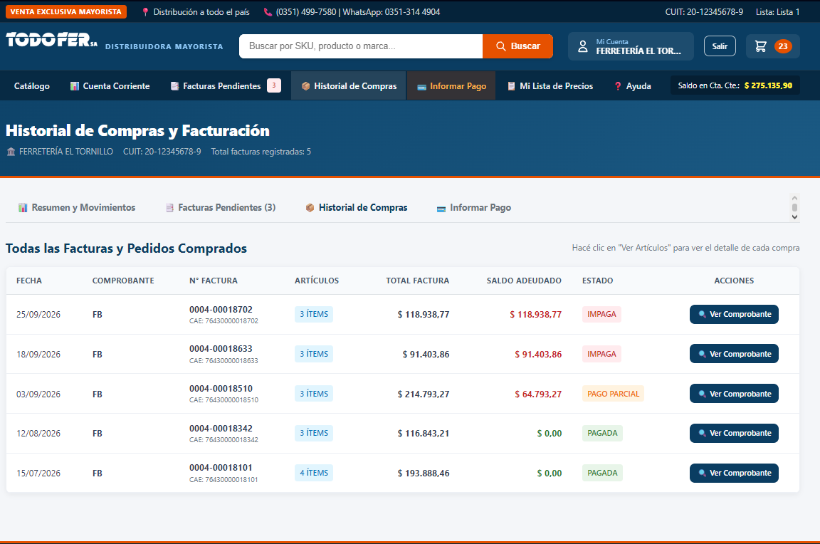 Historial de compras y facturación