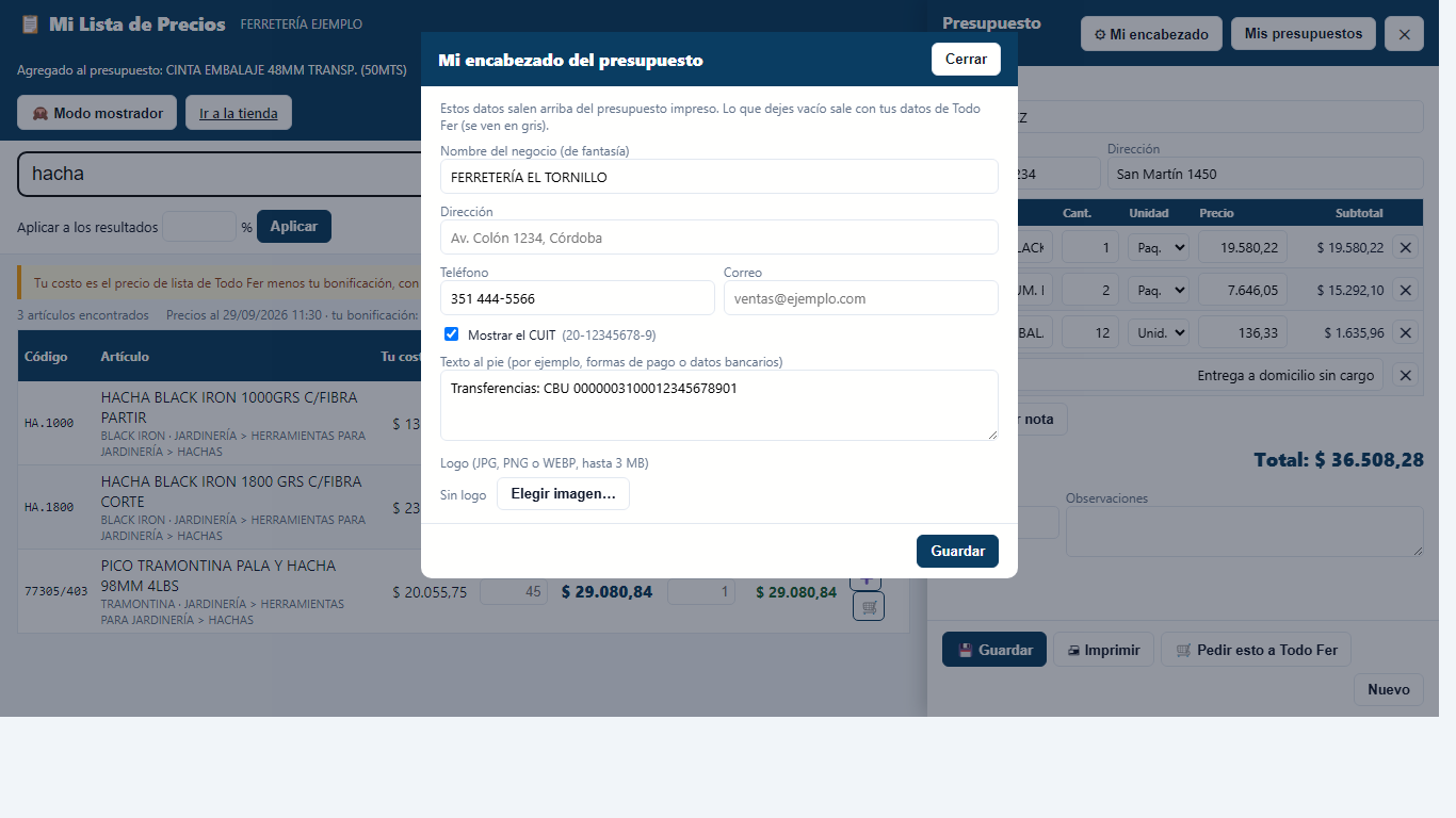 Configurar el encabezado del presupuesto