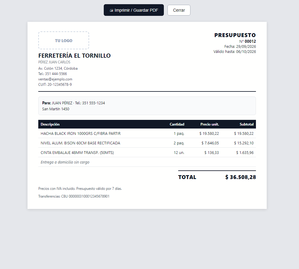 Así sale impreso, con los datos de tu negocio