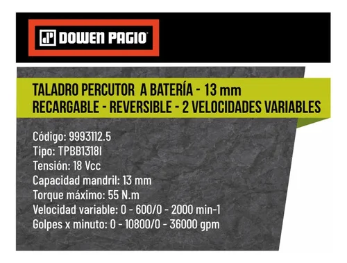 TALADRO DOWEN ATORN PERC 13MM 18V BRUSHLESS S/B